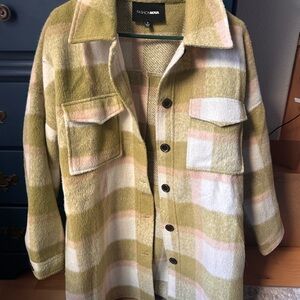 Fashion Nova Women's Checkered Teddy Jacket - Olive and Cream
